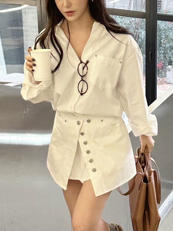 Korean Style A Line Shirt Dress - Witte overhemdjurk Dames Koreaanse mode met
