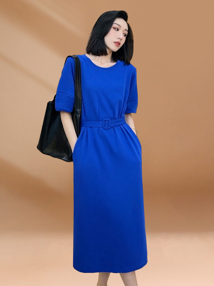 Korean Style A Line Shirt Dress - Klein Blue Dames Zomer Casual Lange