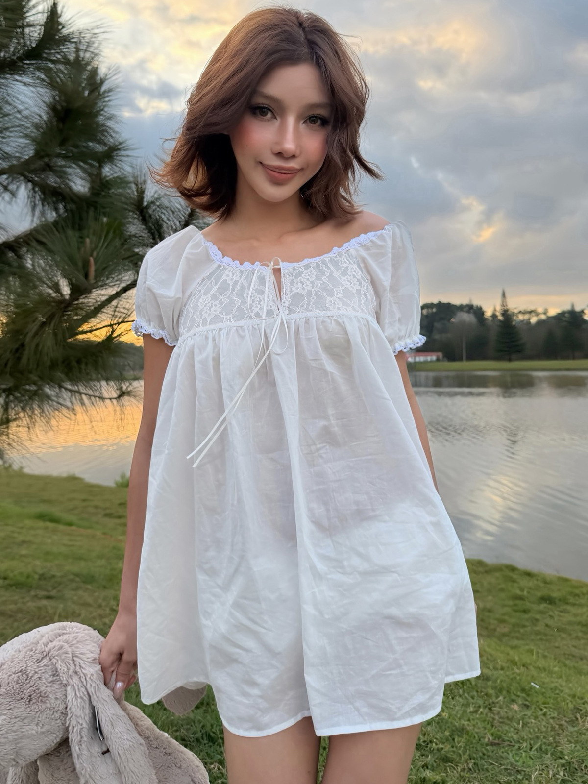 Witte off-shoulder kanten baby - Off Shoulder Puff Sleeve Sundress recensie en prijs