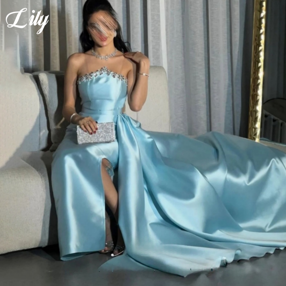 Lelieblauwe elegante formele j - Elegant Satin Evening Gown Split recensie en prijs