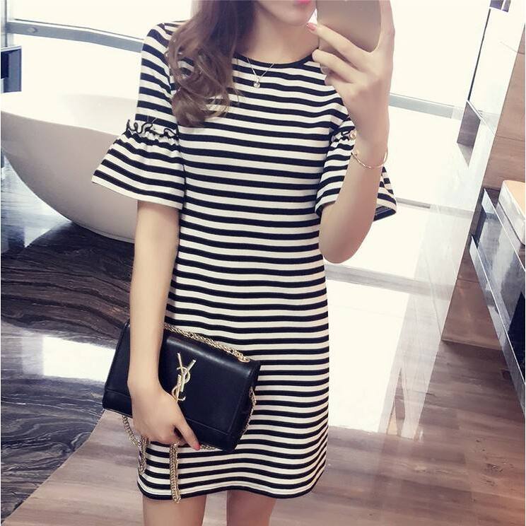 Zomerjurk met strepen, midi-le - Korean Style A Line Shirt Dress recensie en prijs